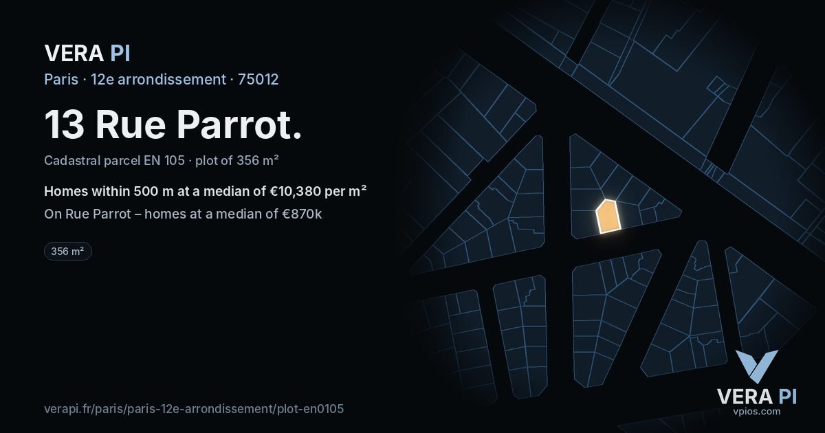 13 Rue Parrot, 12e arrondissement at night – the plot lit, the parcels around coloured by the prices near them