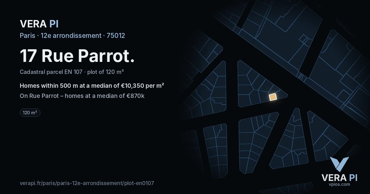 17 Rue Parrot, 12e arrondissement at night – the plot lit, the parcels around coloured by the prices near them