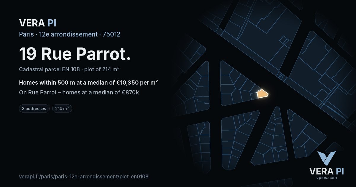 19 Rue Parrot, 12e arrondissement at night – the plot lit, the parcels around coloured by the prices near them