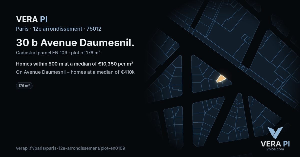 30 b Avenue Daumesnil, 12e arrondissement at night – the plot lit, the parcels around coloured by the prices near them