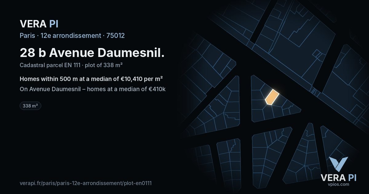 28 b Avenue Daumesnil, 12e arrondissement at night – the plot lit, the parcels around coloured by the prices near them