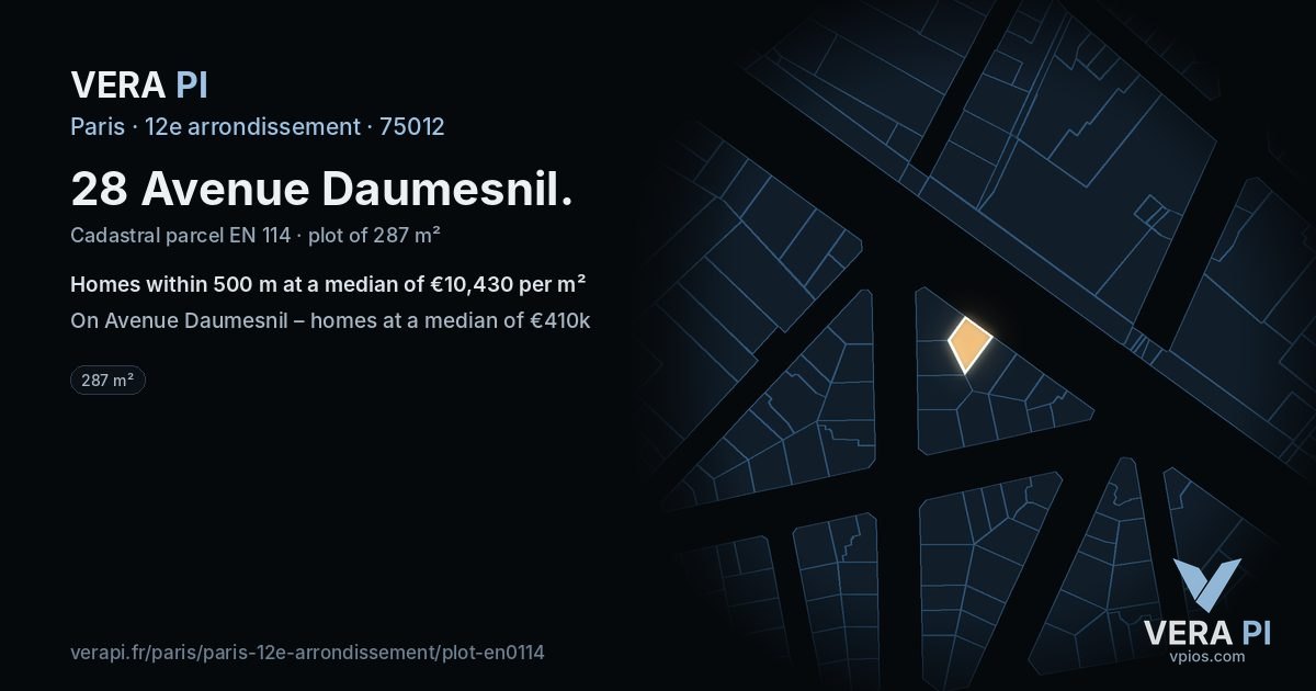 28 Avenue Daumesnil, 12e arrondissement at night – the plot lit, the parcels around coloured by the prices near them