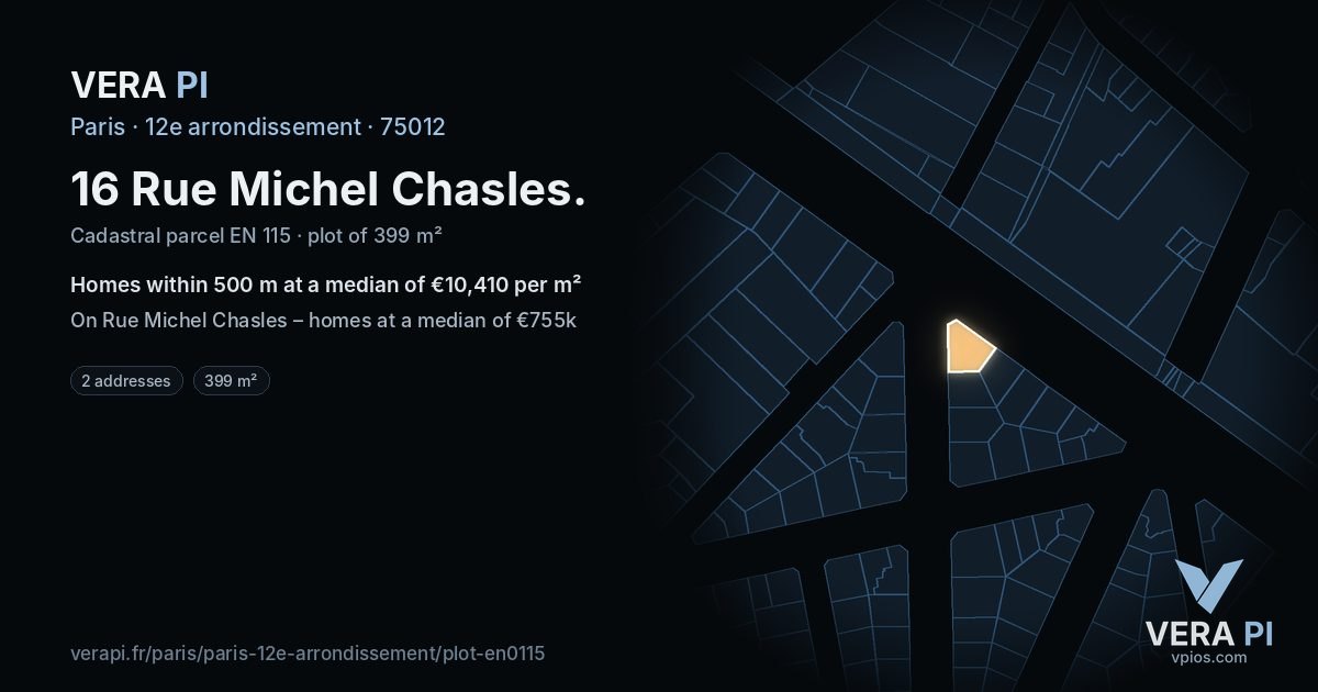 16 Rue Michel Chasles, 12e arrondissement at night – the plot lit, the parcels around coloured by the prices near them