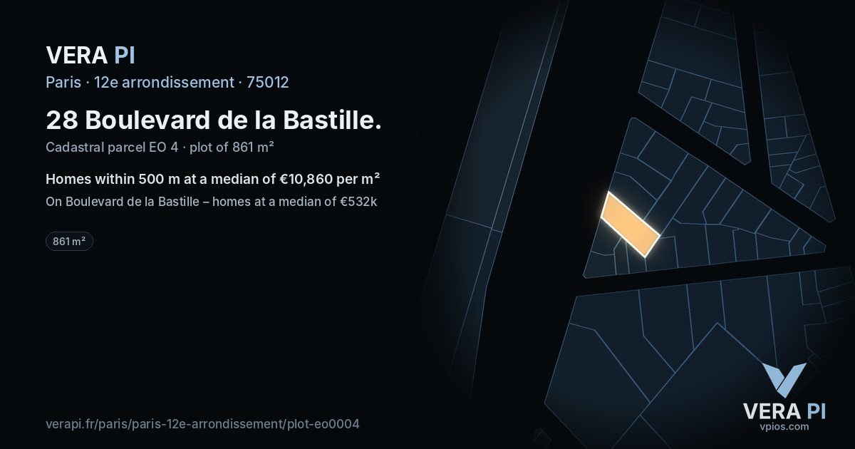 28 Boulevard de la Bastille, 12e arrondissement at night – the plot lit, the parcels around coloured by the prices near them