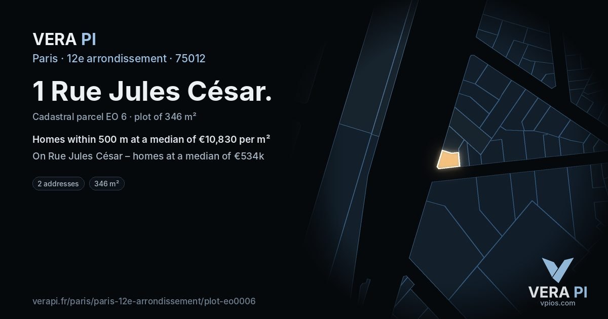 1 Rue Jules César, 12e arrondissement at night – the plot lit, the parcels around coloured by the prices near them
