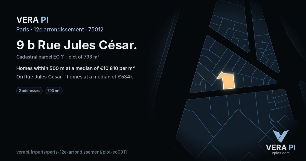 9 b Rue Jules César, 12e arrondissement at night – the plot lit, the parcels around coloured by the prices near them