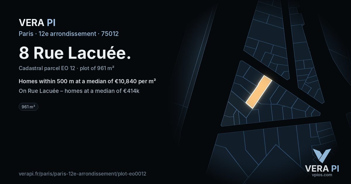 8 Rue Lacuée, 12e arrondissement at night – the plot lit, the parcels around coloured by the prices near them