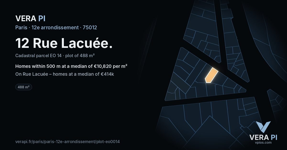 12 Rue Lacuée, 12e arrondissement at night – the plot lit, the parcels around coloured by the prices near them
