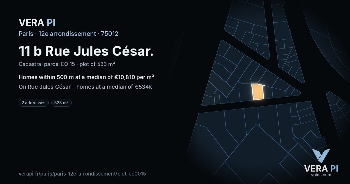11 b Rue Jules César, 12e arrondissement at night – the plot lit, the parcels around coloured by the prices near them