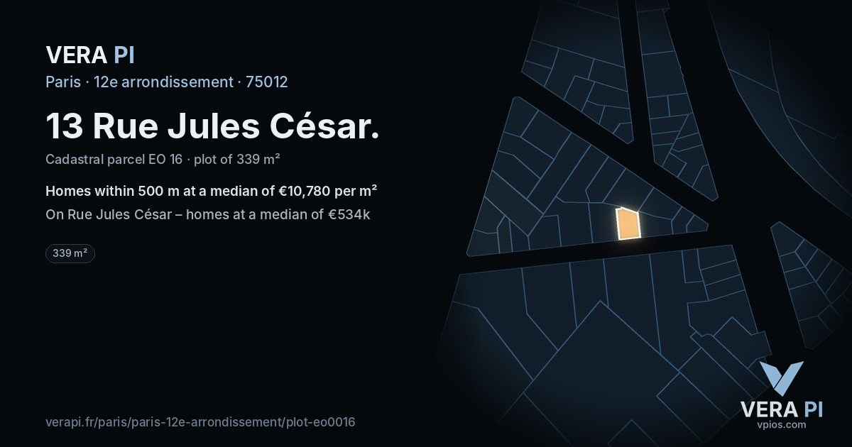 13 Rue Jules César, 12e arrondissement at night – the plot lit, the parcels around coloured by the prices near them