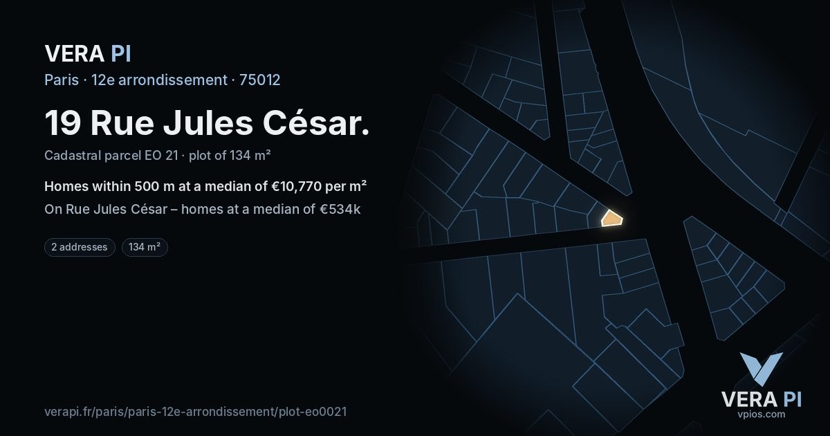 19 Rue Jules César, 12e arrondissement at night – the plot lit, the parcels around coloured by the prices near them