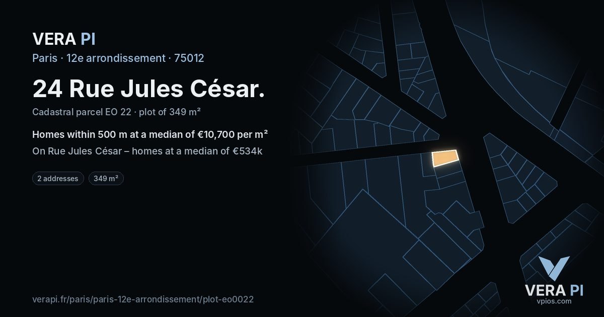 24 Rue Jules César, 12e arrondissement at night – the plot lit, the parcels around coloured by the prices near them