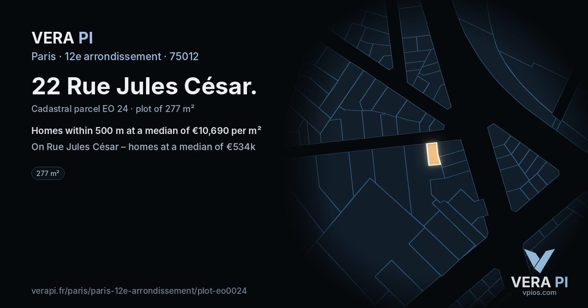 22 Rue Jules César, 12e arrondissement at night – the plot lit, the parcels around coloured by the prices near them