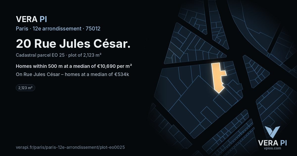 20 Rue Jules César, 12e arrondissement at night – the plot lit, the parcels around coloured by the prices near them