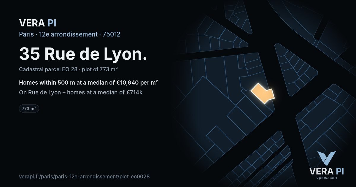 35 Rue de Lyon, 12e arrondissement at night – the plot lit, the parcels around coloured by the prices near them