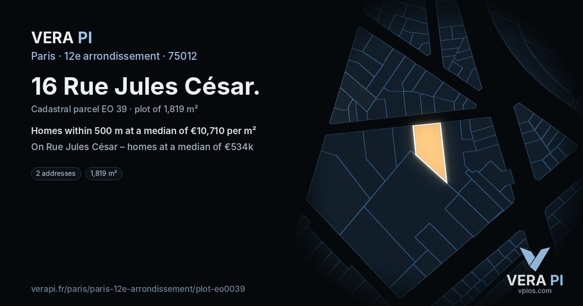 16 Rue Jules César, 12e arrondissement at night – the plot lit, the parcels around coloured by the prices near them