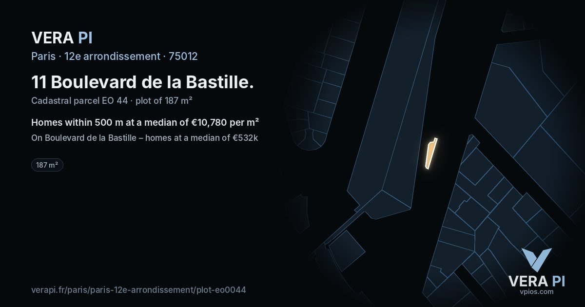 11 Boulevard de la Bastille, 12e arrondissement at night – the plot lit, the parcels around coloured by the prices near them