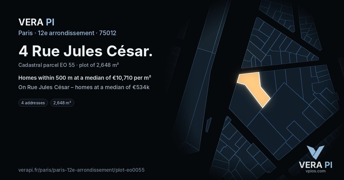 4 Rue Jules César, 12e arrondissement at night – the plot lit, the parcels around coloured by the prices near them