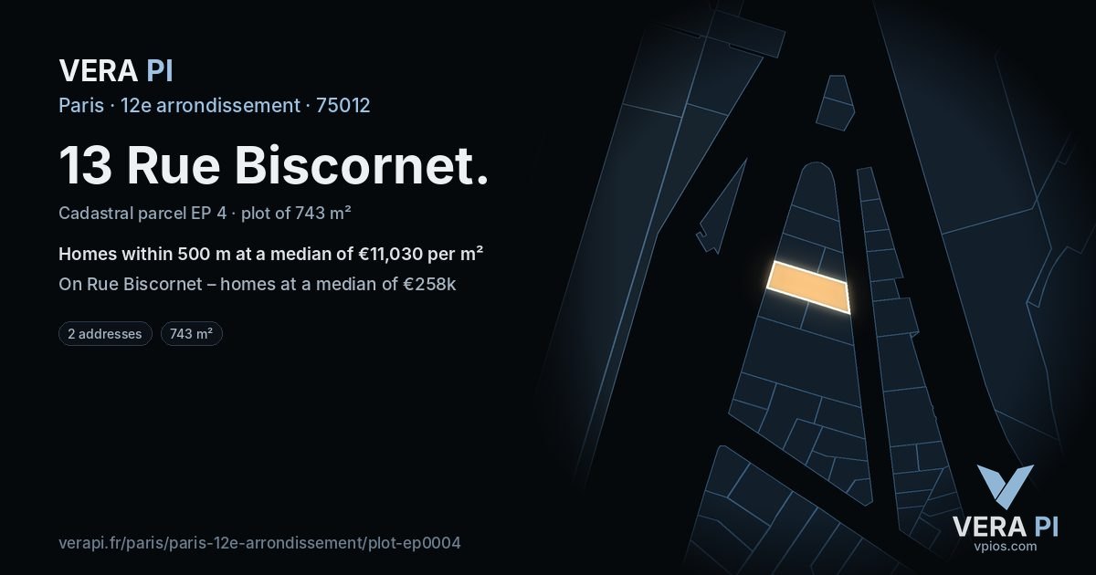 13 Rue Biscornet, 12e arrondissement at night – the plot lit, the parcels around coloured by the prices near them