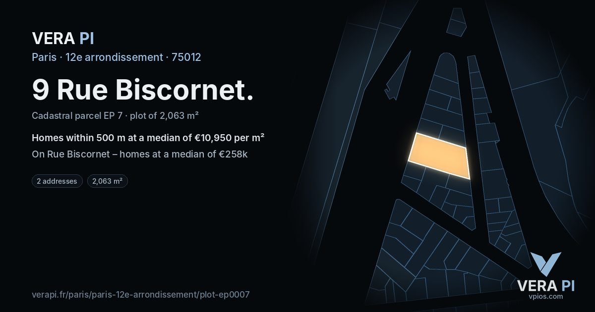 9 Rue Biscornet, 12e arrondissement at night – the plot lit, the parcels around coloured by the prices near them