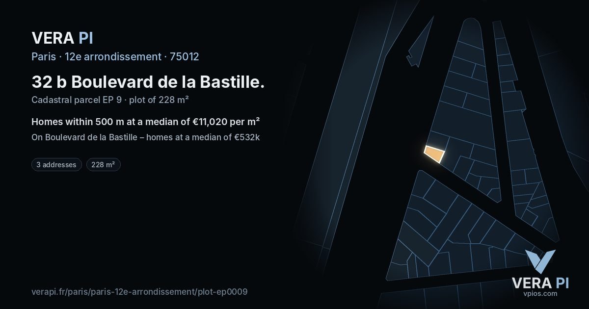 32 b Boulevard de la Bastille, 12e arrondissement at night – the plot lit, the parcels around coloured by the prices near them