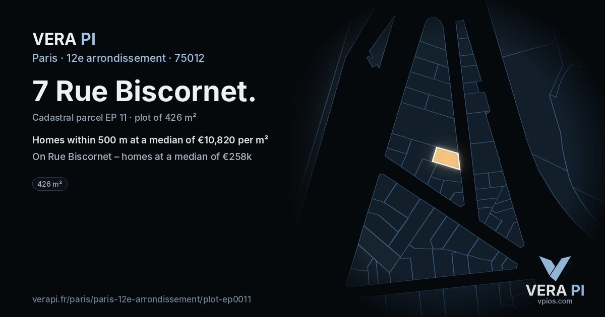 7 Rue Biscornet, 12e arrondissement at night – the plot lit, the parcels around coloured by the prices near them