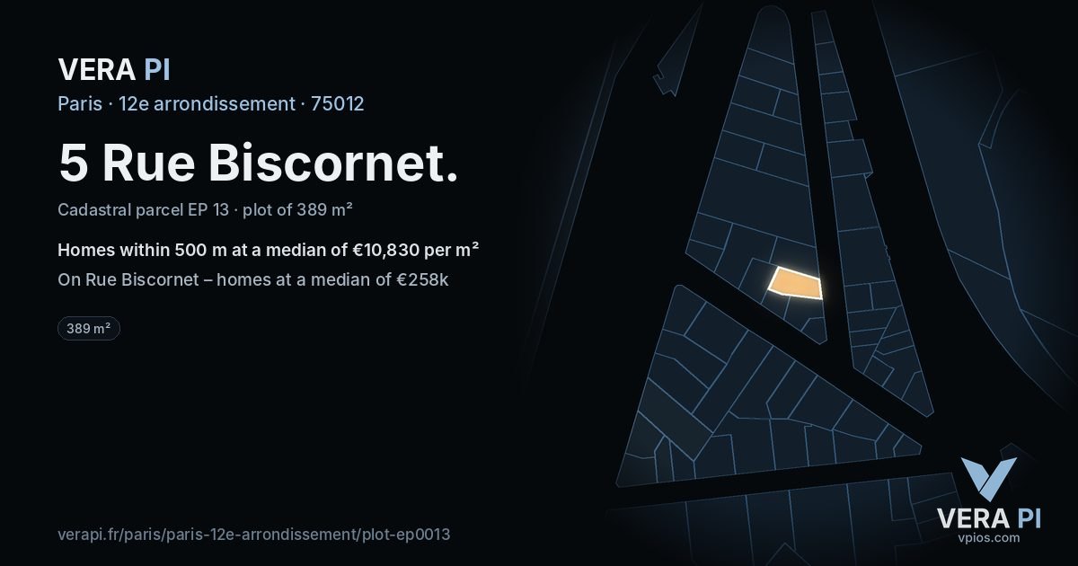 5 Rue Biscornet, 12e arrondissement at night – the plot lit, the parcels around coloured by the prices near them