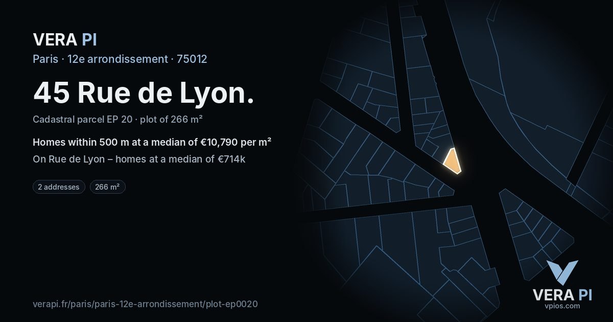 45 Rue de Lyon, 12e arrondissement at night – the plot lit, the parcels around coloured by the prices near them