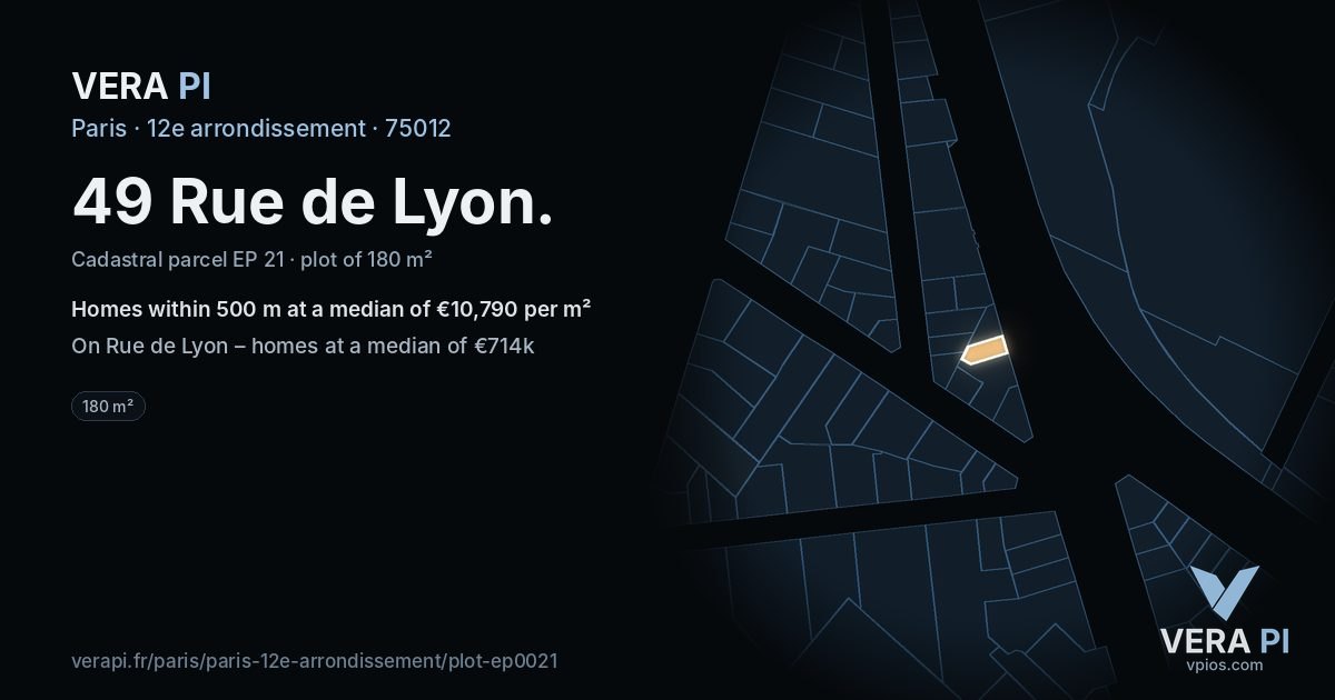 49 Rue de Lyon, 12e arrondissement at night – the plot lit, the parcels around coloured by the prices near them