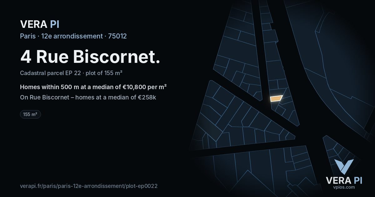 4 Rue Biscornet, 12e arrondissement at night – the plot lit, the parcels around coloured by the prices near them