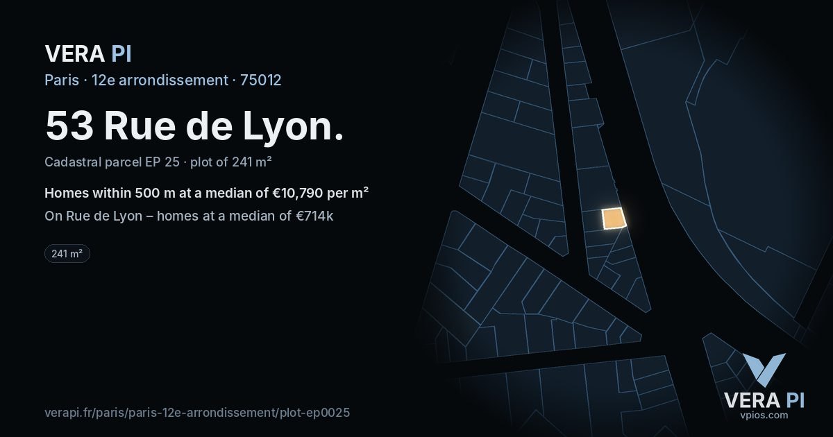 53 Rue de Lyon, 12e arrondissement at night – the plot lit, the parcels around coloured by the prices near them