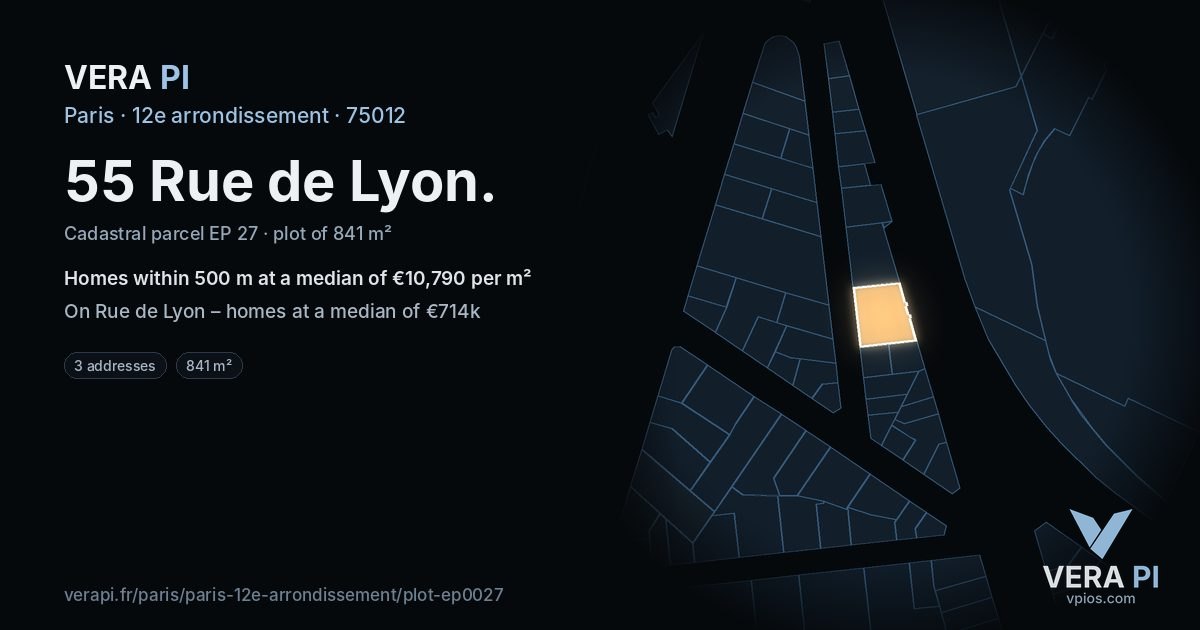 55 Rue de Lyon, 12e arrondissement at night – the plot lit, the parcels around coloured by the prices near them