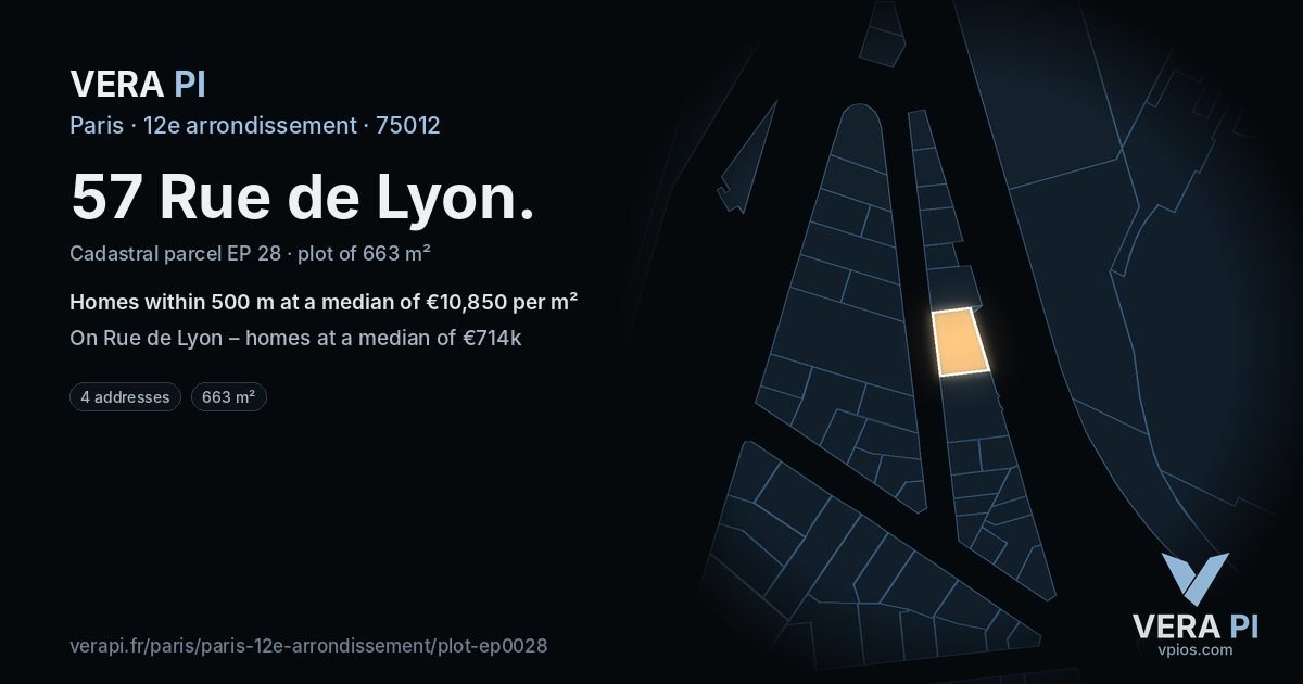 57 Rue de Lyon, 12e arrondissement at night – the plot lit, the parcels around coloured by the prices near them