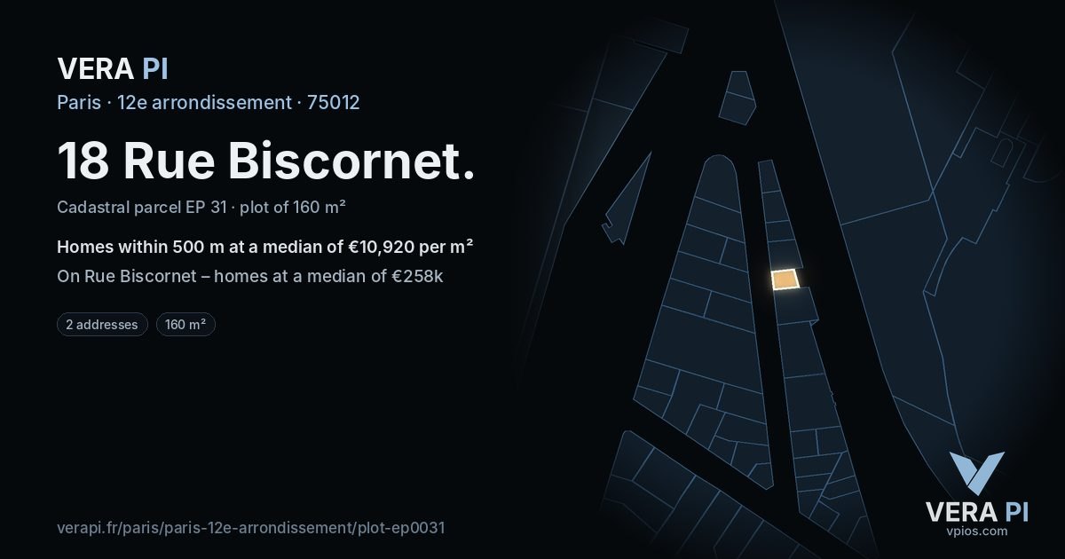 18 Rue Biscornet, 12e arrondissement at night – the plot lit, the parcels around coloured by the prices near them