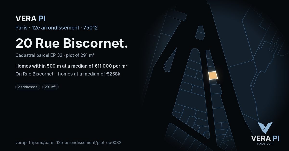 20 Rue Biscornet, 12e arrondissement at night – the plot lit, the parcels around coloured by the prices near them