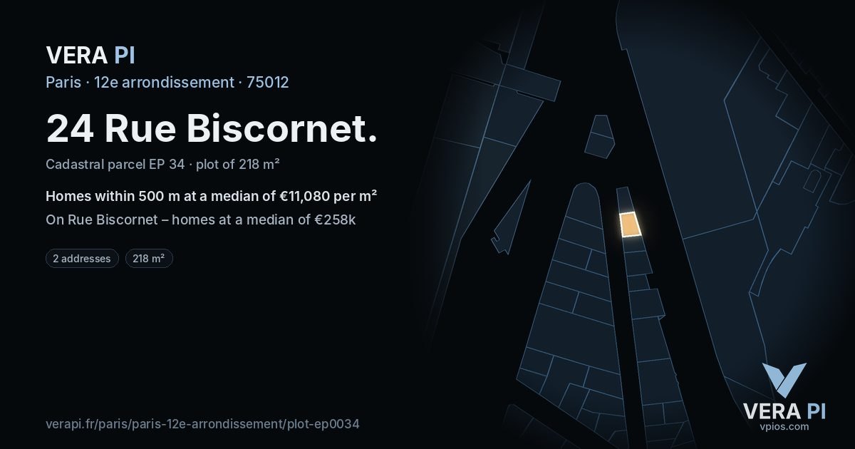 24 Rue Biscornet, 12e arrondissement at night – the plot lit, the parcels around coloured by the prices near them