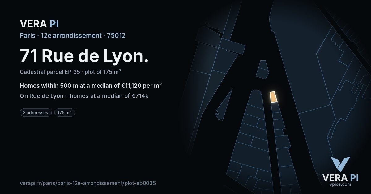 71 Rue de Lyon, 12e arrondissement at night – the plot lit, the parcels around coloured by the prices near them