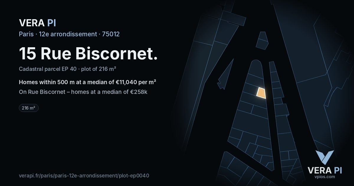 15 Rue Biscornet, 12e arrondissement at night – the plot lit, the parcels around coloured by the prices near them
