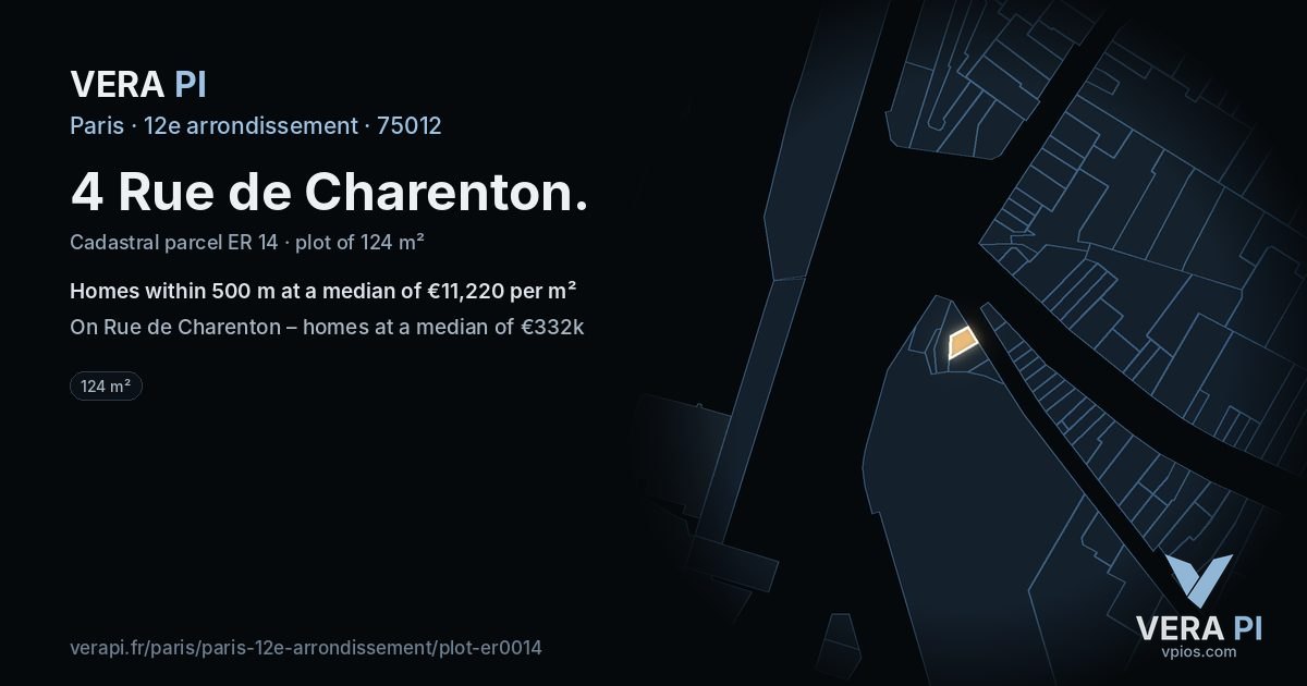 4 Rue de Charenton, 12e arrondissement at night – the plot lit, the parcels around coloured by the prices near them