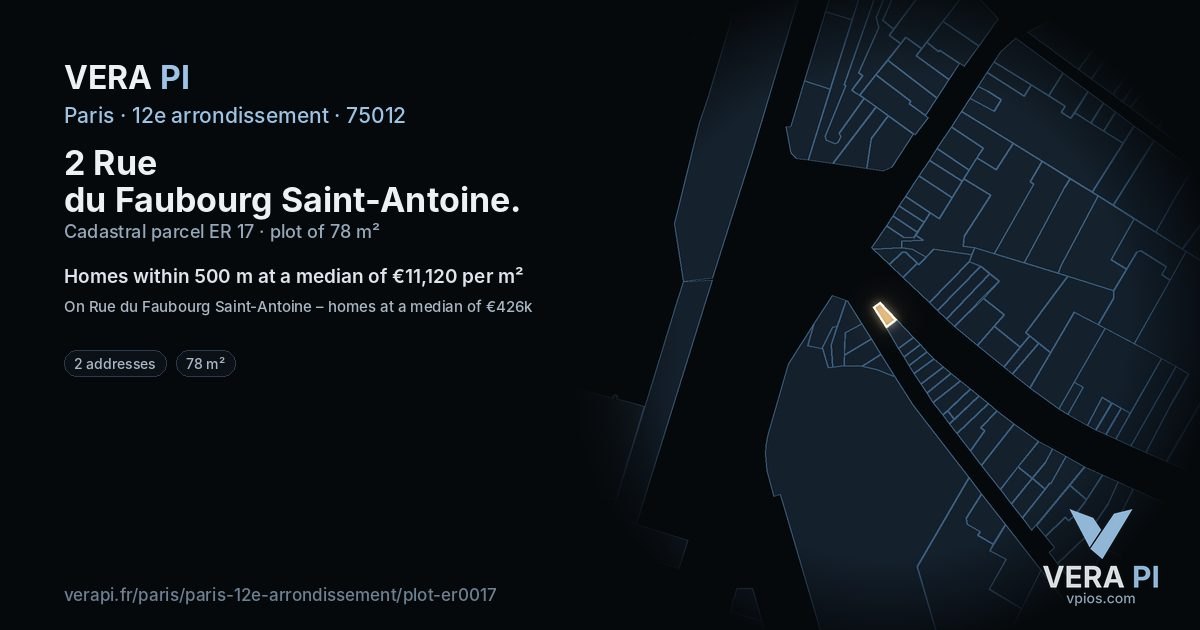 2 Rue du Faubourg Saint-Antoine, 12e arrondissement at night – the plot lit, the parcels around coloured by the prices near them