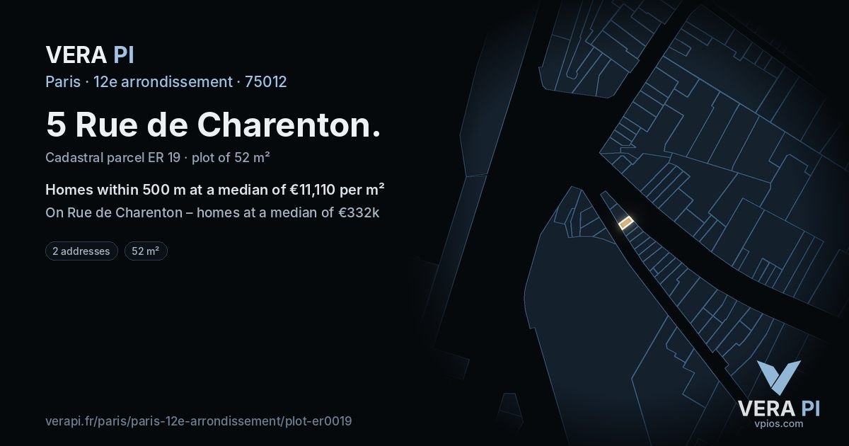 5 Rue de Charenton, 12e arrondissement at night – the plot lit, the parcels around coloured by the prices near them