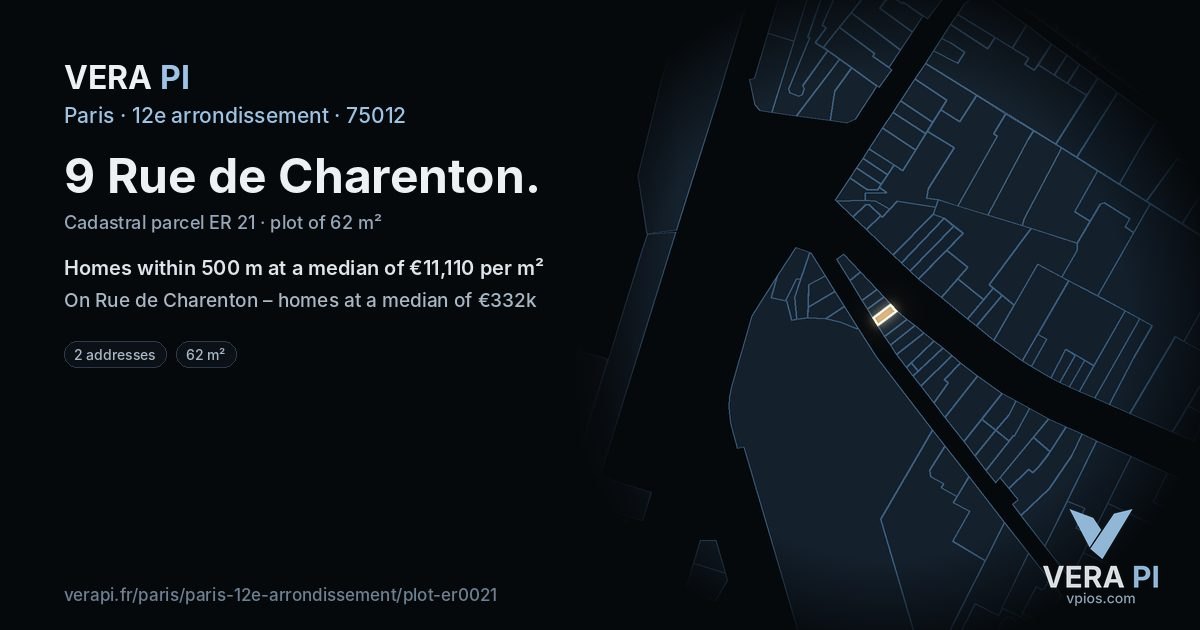 9 Rue de Charenton, 12e arrondissement at night – the plot lit, the parcels around coloured by the prices near them