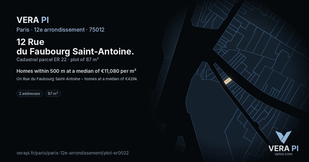 12 Rue du Faubourg Saint-Antoine, 12e arrondissement at night – the plot lit, the parcels around coloured by the prices near them