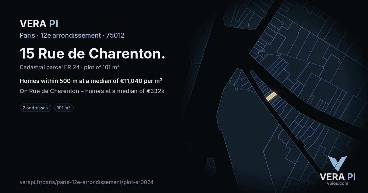 15 Rue de Charenton, 12e arrondissement at night – the plot lit, the parcels around coloured by the prices near them