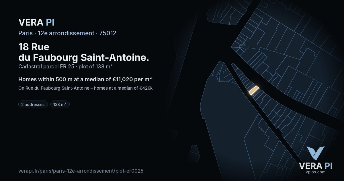 18 Rue du Faubourg Saint-Antoine, 12e arrondissement at night – the plot lit, the parcels around coloured by the prices near them