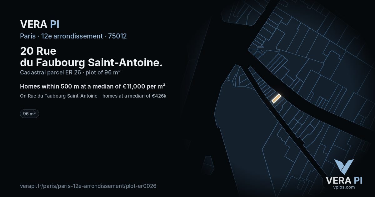 20 Rue du Faubourg Saint-Antoine, 12e arrondissement at night – the plot lit, the parcels around coloured by the prices near them