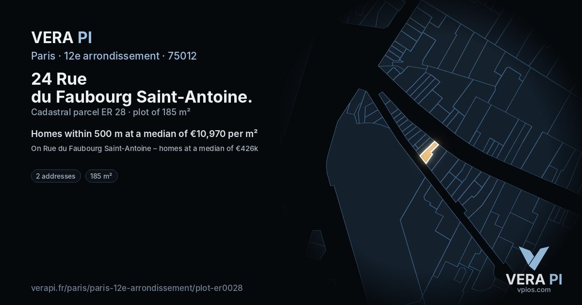 24 Rue du Faubourg Saint-Antoine, 12e arrondissement at night – the plot lit, the parcels around coloured by the prices near them