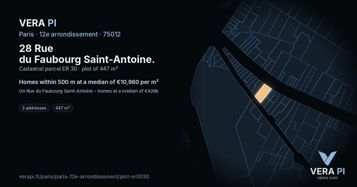 28 Rue du Faubourg Saint-Antoine, 12e arrondissement at night – the plot lit, the parcels around coloured by the prices near them