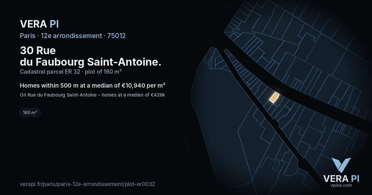 30 Rue du Faubourg Saint-Antoine, 12e arrondissement at night – the plot lit, the parcels around coloured by the prices near them