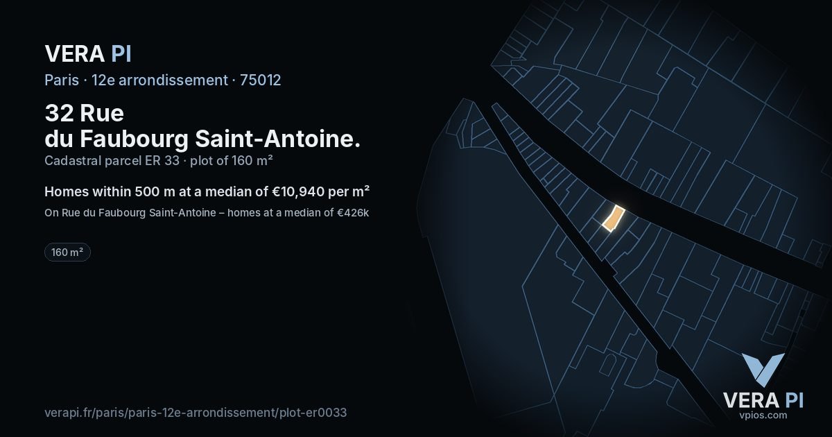 32 Rue du Faubourg Saint-Antoine, 12e arrondissement at night – the plot lit, the parcels around coloured by the prices near them